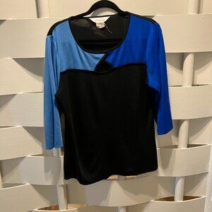 Exclusively Misook Black & Blue 3/4 Sleeve Knit Top Large L